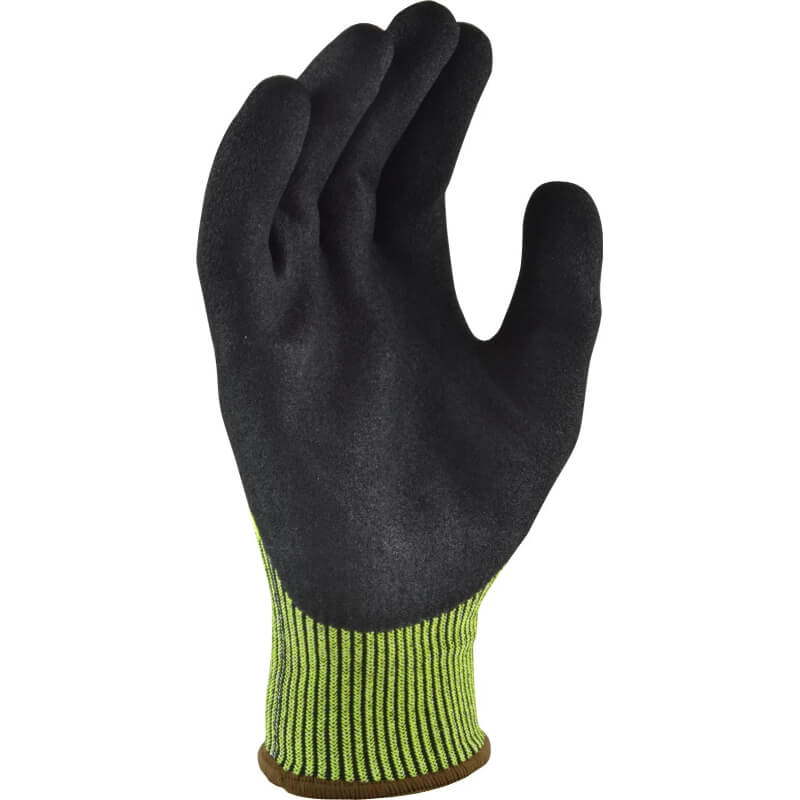 Black glove with green cuffs on a white background
