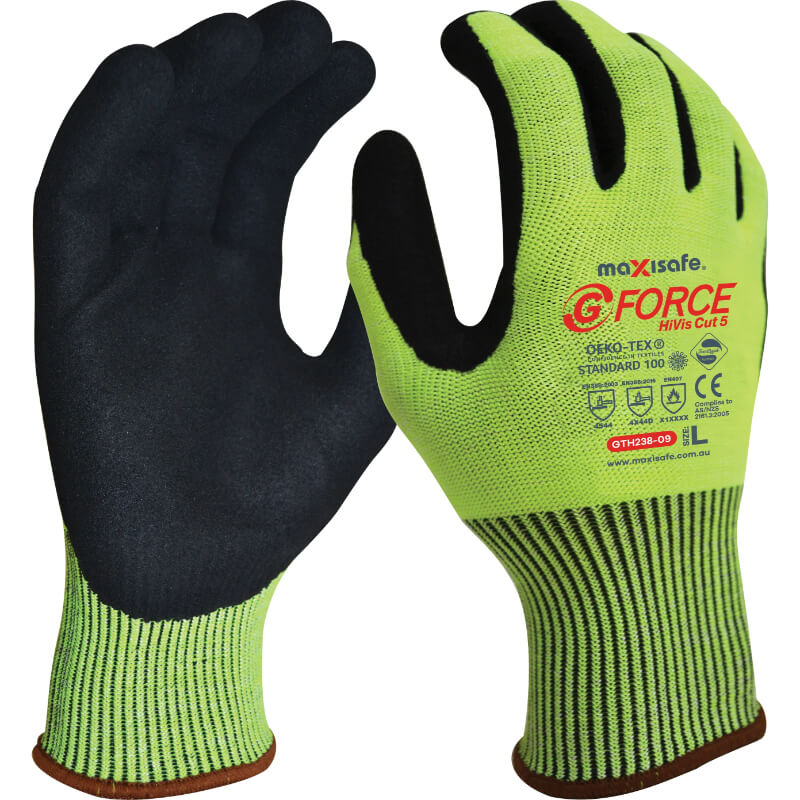 Green and black gloves with 'maxisafe' branding on a white background