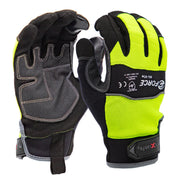 Pair of black and yellow gloves with visible branding on a white background