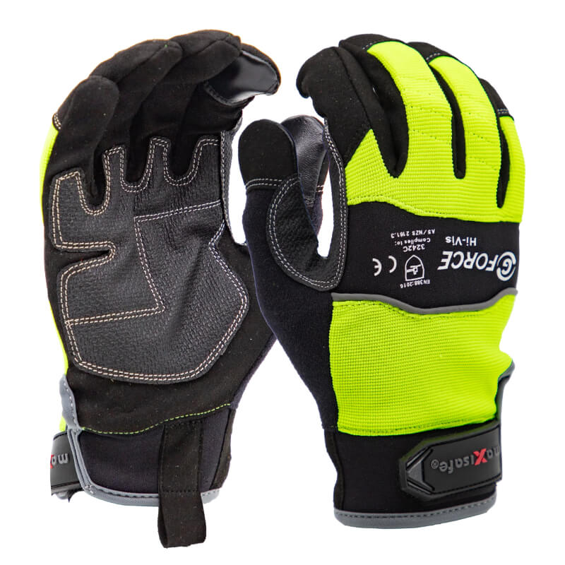 Pair of black and yellow gloves with visible branding on a white background