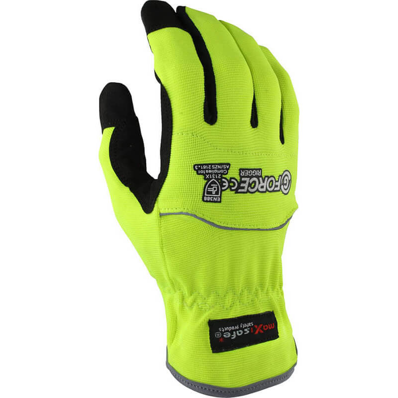 High-visibility yellow work glove with black accents on a white background
