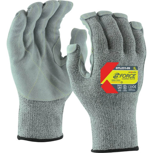 Gray gloves with a visible brand label on a white background