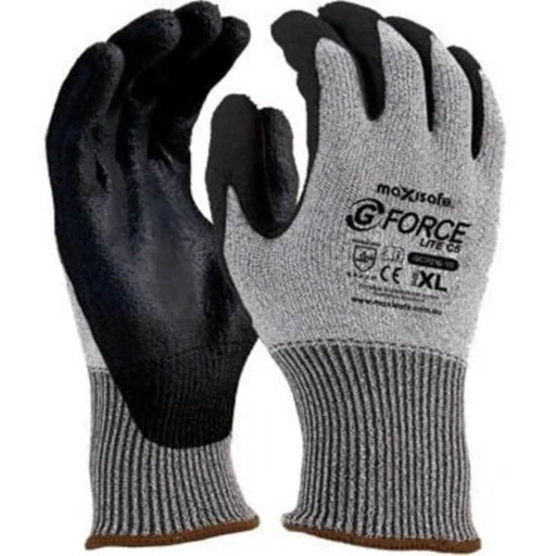 Pair of black and gray gloves with 'maxisafe' branding on a white background