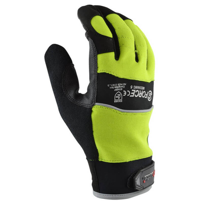 Black and green glove with 'Force' branding on a white background