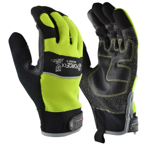 Pair of black and green gloves with visible brand logo on a white background