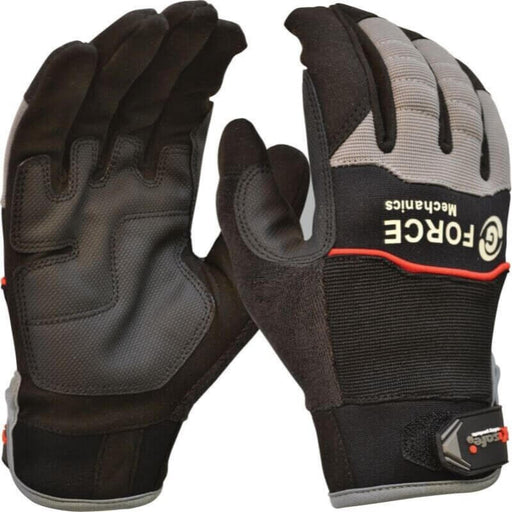 Pair of black and gray gloves with 'Force' branding on a white background