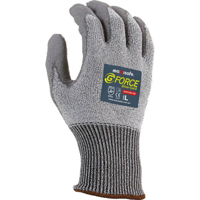 Gray cut-resistant glove with MaxiSafe label on a white background