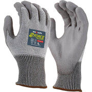 Gray gloves with a visible brand label on a white background