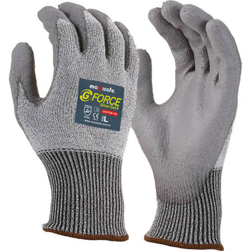 Gray gloves with a visible brand label on a white background