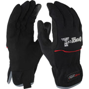 Pair of black gloves with a brand logo on a white background