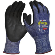 Pair of blue and black gloves with 'maxisafe' branding on a white background