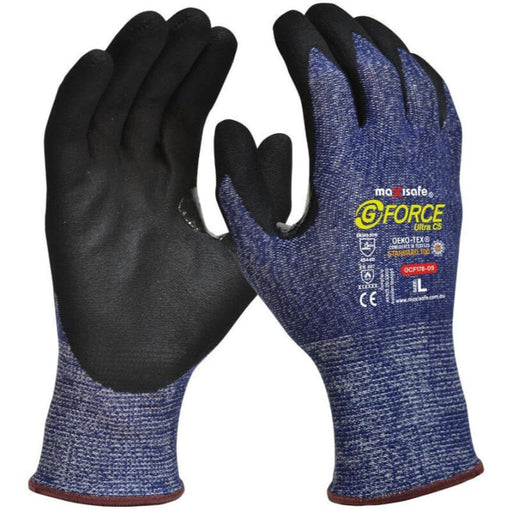 Pair of blue and black gloves with 'maxisafe' branding on a white background
