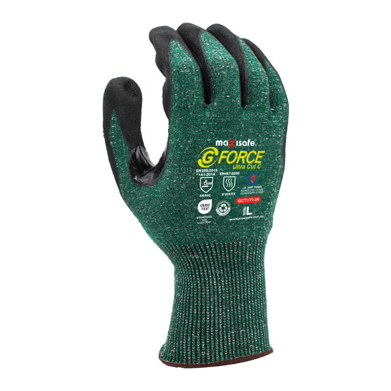 Green work glove with black accents on a white background, featuring the MaxiSafe brand.