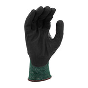 Black work glove with green palm on a white background