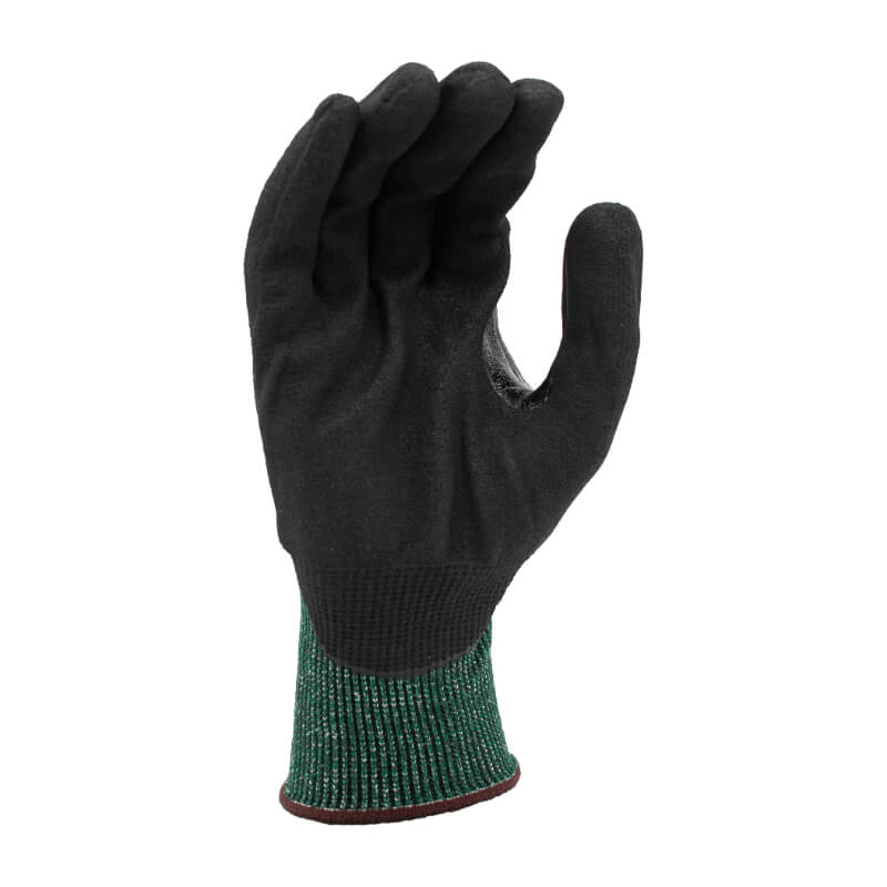 Black work glove with green palm on a white background