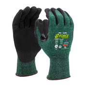 Pair of green and black gloves with 'maxisafe' branding on a white background