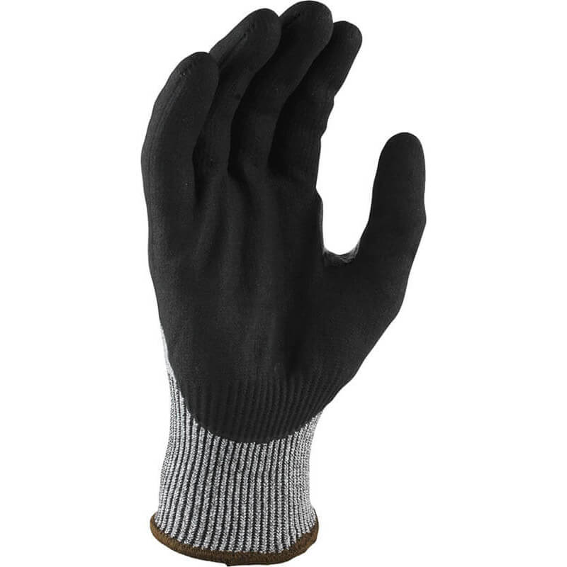 Black glove with a cut-resistant pattern on a white background