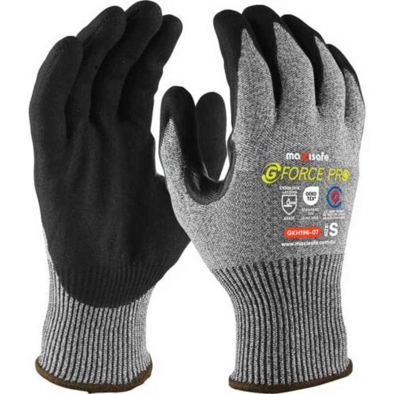 Pair of black and gray gloves with 'G-Force Pro' branding on a white background