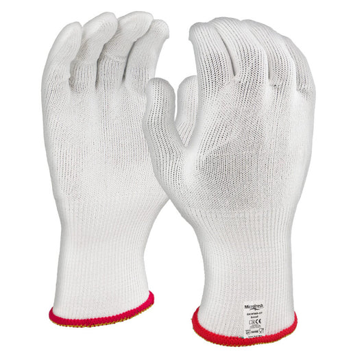 Pair of white gloves with red cuffs on a white background