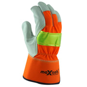 Orange safety glove with reflective elements on a white background