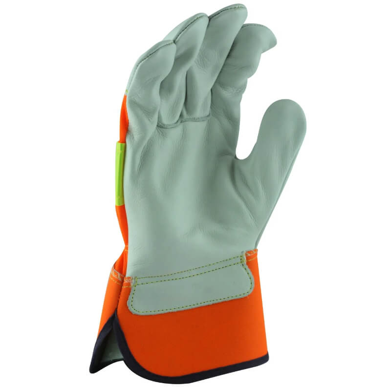 Glove with orange and green accents on a white background