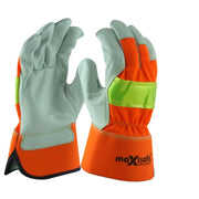 Orange and gray gloves with reflective elements on a white background, featuring the MaxiSafe brand.
