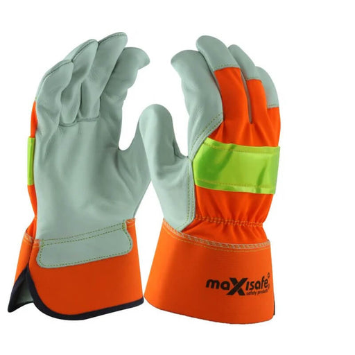 Orange and gray gloves with reflective elements on a white background, featuring the MaxiSafe brand.