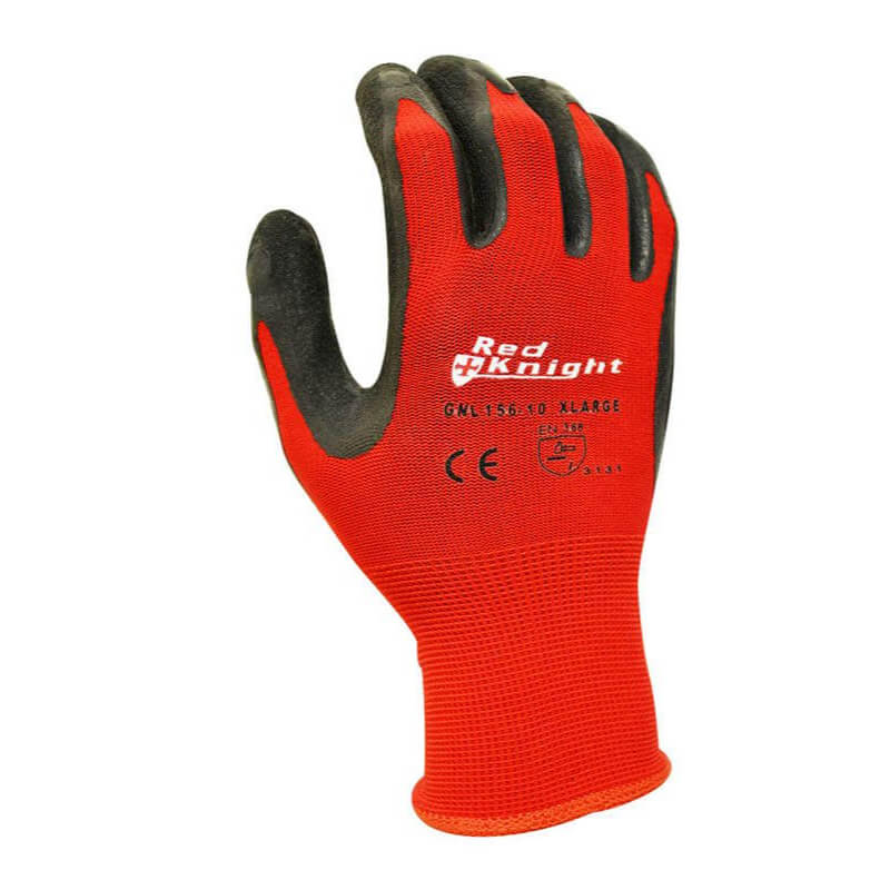 Red work glove with black palm on a white background, featuring the Red Knight brand.