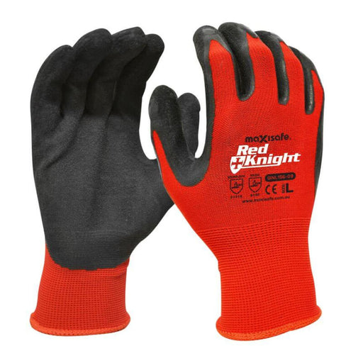 Black and red gloves with 'Red Knight' branding on a white background