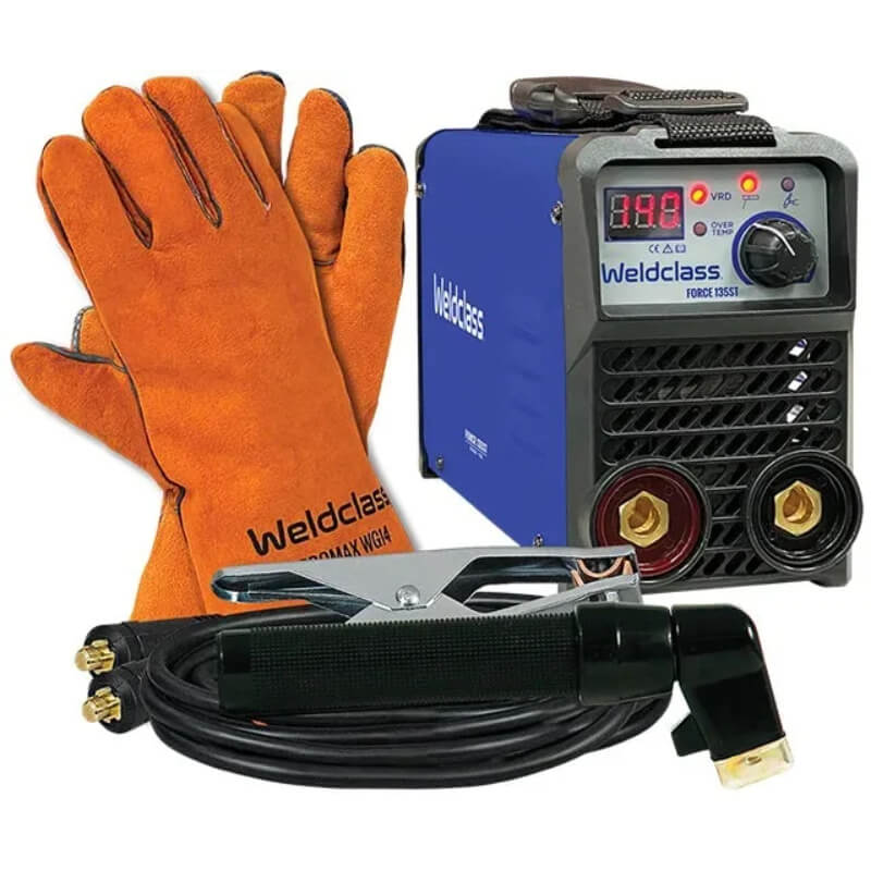 Welding equipment set with gloves and machine on a white background