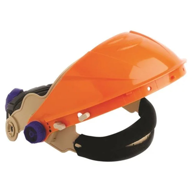 Orange safety visor with black strap on a white background
