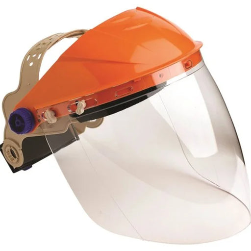 Orange protective face shield on a white background