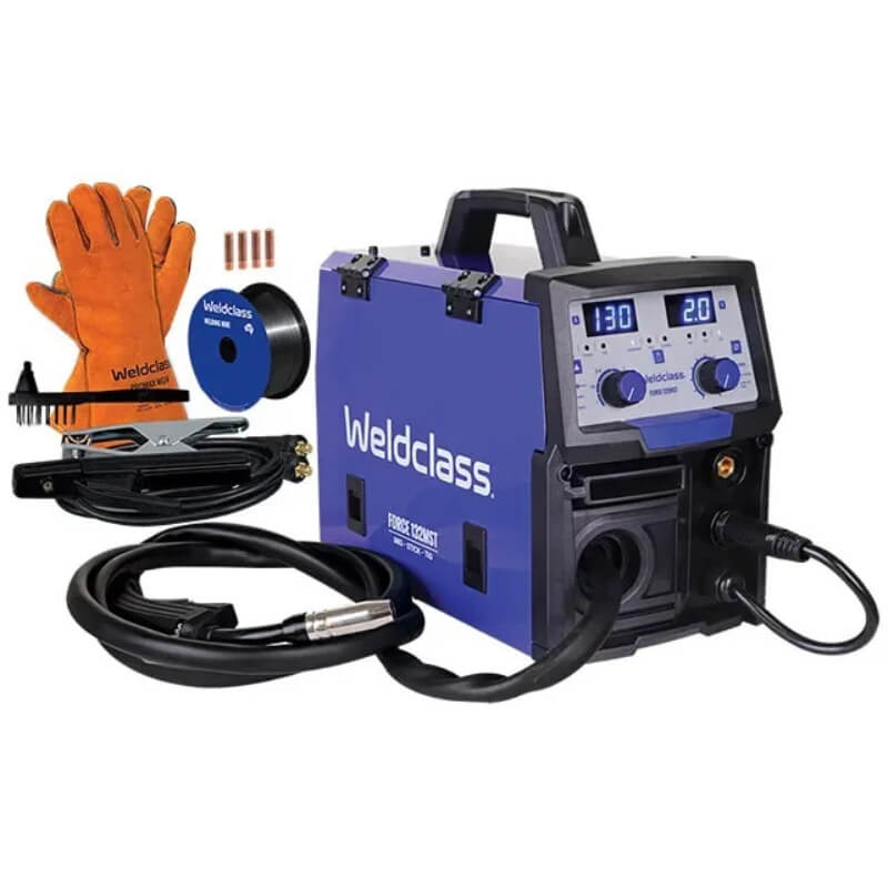 Welding machine with accessories including gloves and wire on a white background