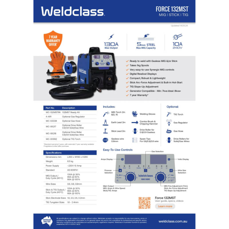 Weldclass welding machine with features and specifications on a white background