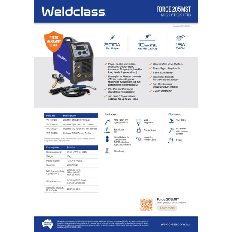 Weldclass Force 205MST welding machine packaging with specifications and features.