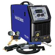 Weldclass welding machine with hoses and regulators on a white background