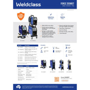 Weldclass Force 350MST welding machine with specifications and features on a white background