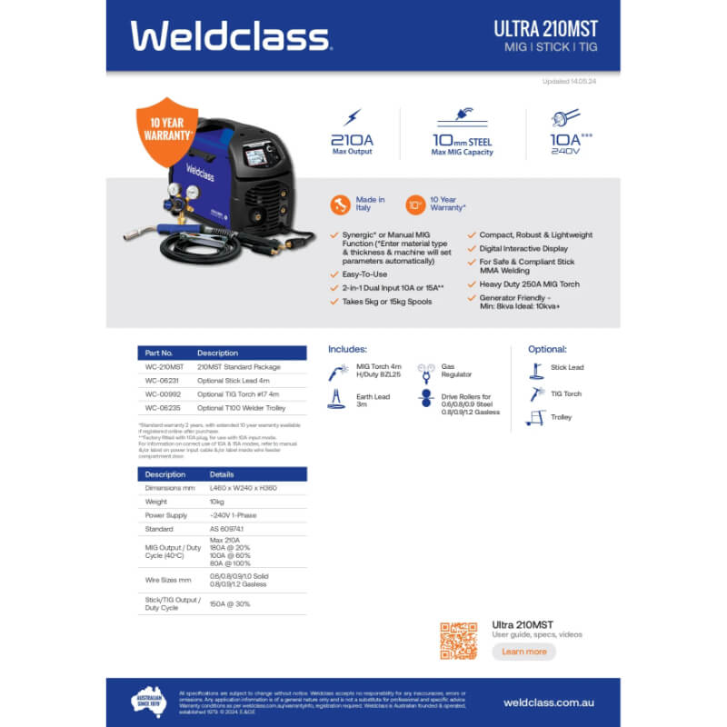 Weldclass Ultra 210MST welding machine with specifications on a white background