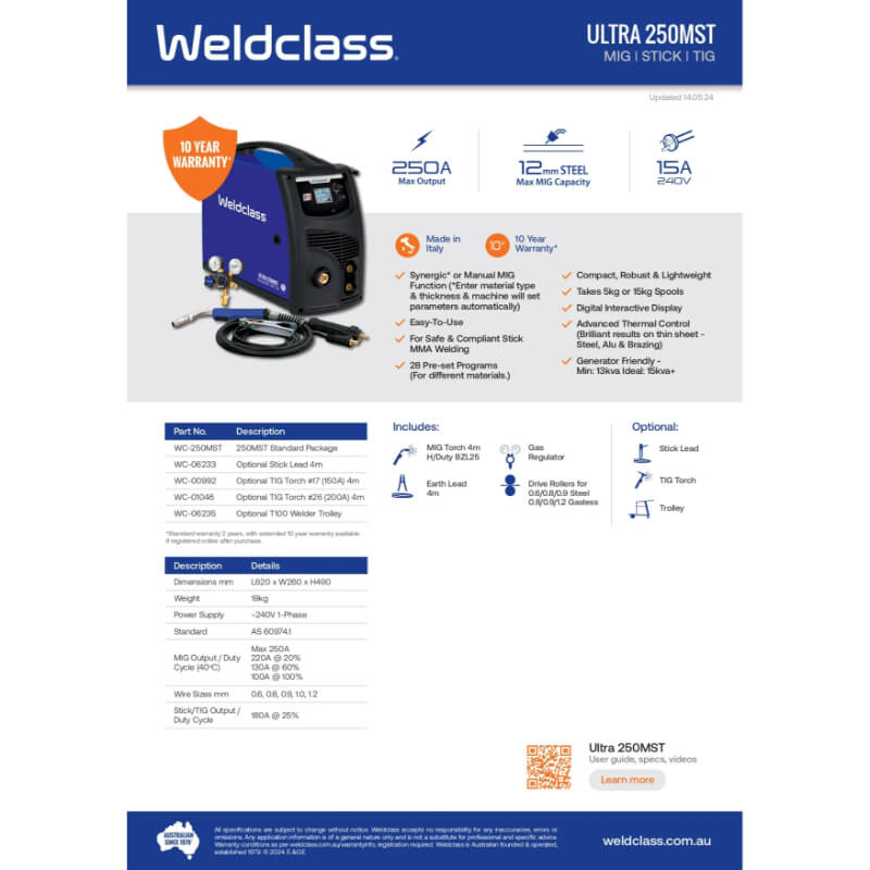 Weldclass Ultra 250MST welding machine with specifications on a white background