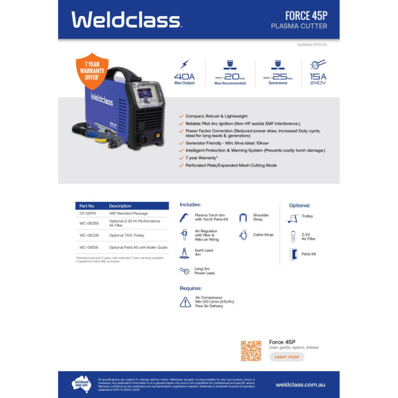Weldclass Force 45P plasma cutter with product details on a white background