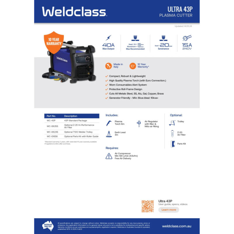 Weldclass Ultra 43P plasma cutter product page with features and specifications.