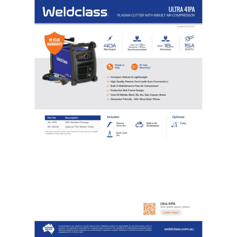 Weldclass Ultra 41PA plasma cutter with inbuilt air compressor on a white background