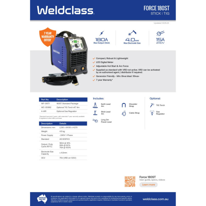 Weldclass Force 180ST welding machine with specifications on a white background