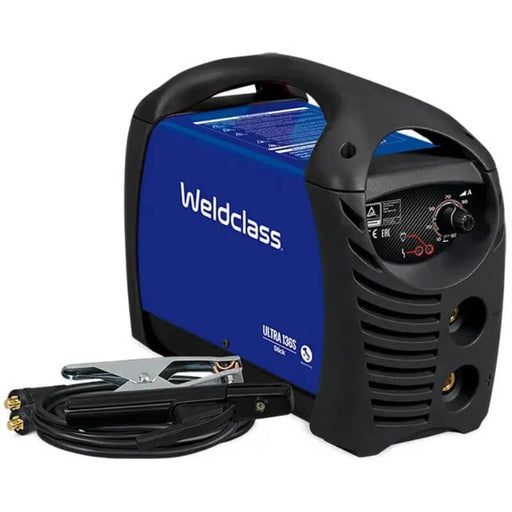 Weldclass welding machine with blue panel and black casing on a white background