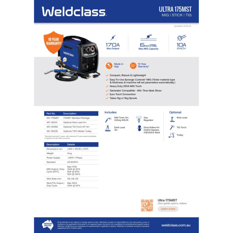 Weldclass Ultra 175MST welding machine product page with specifications and features.