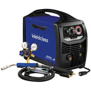 Welding machine with blue casing and 'Weldclass' branding on a white background