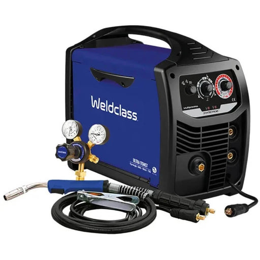 Welding machine with blue casing and 'Weldclass' branding on a white background