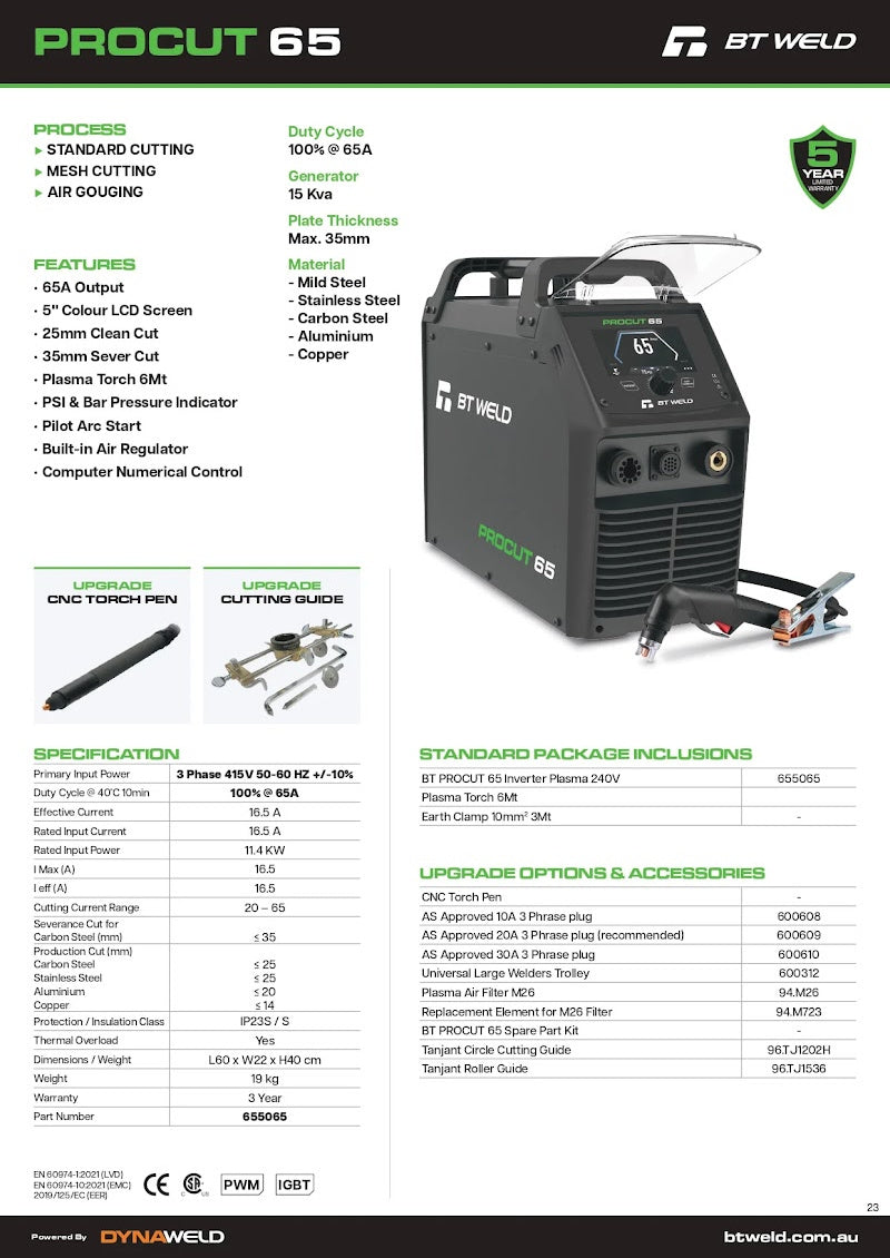 BT Weld ProCut 65 Plasma Cutter Inverter Torch 240V Gouging Cutting