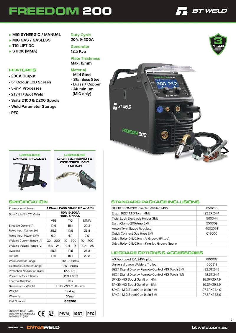 BT Weld Freedom 200 PFC 240V 3-in-1 ARC