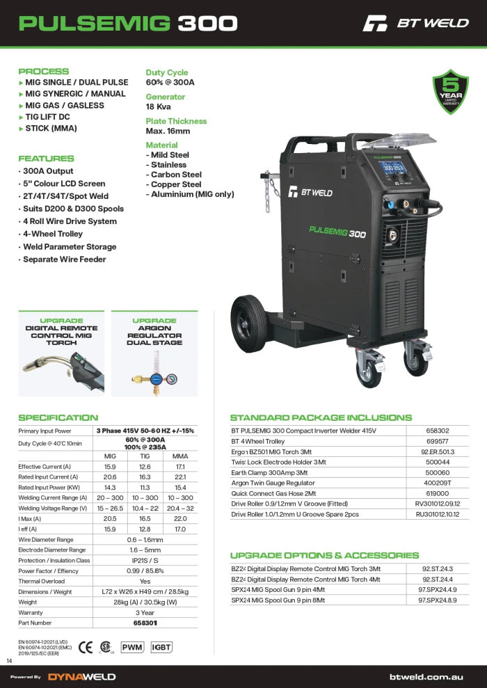 BT Weld PulseMIG 300 MST Welder Water Cooler Multi-Process